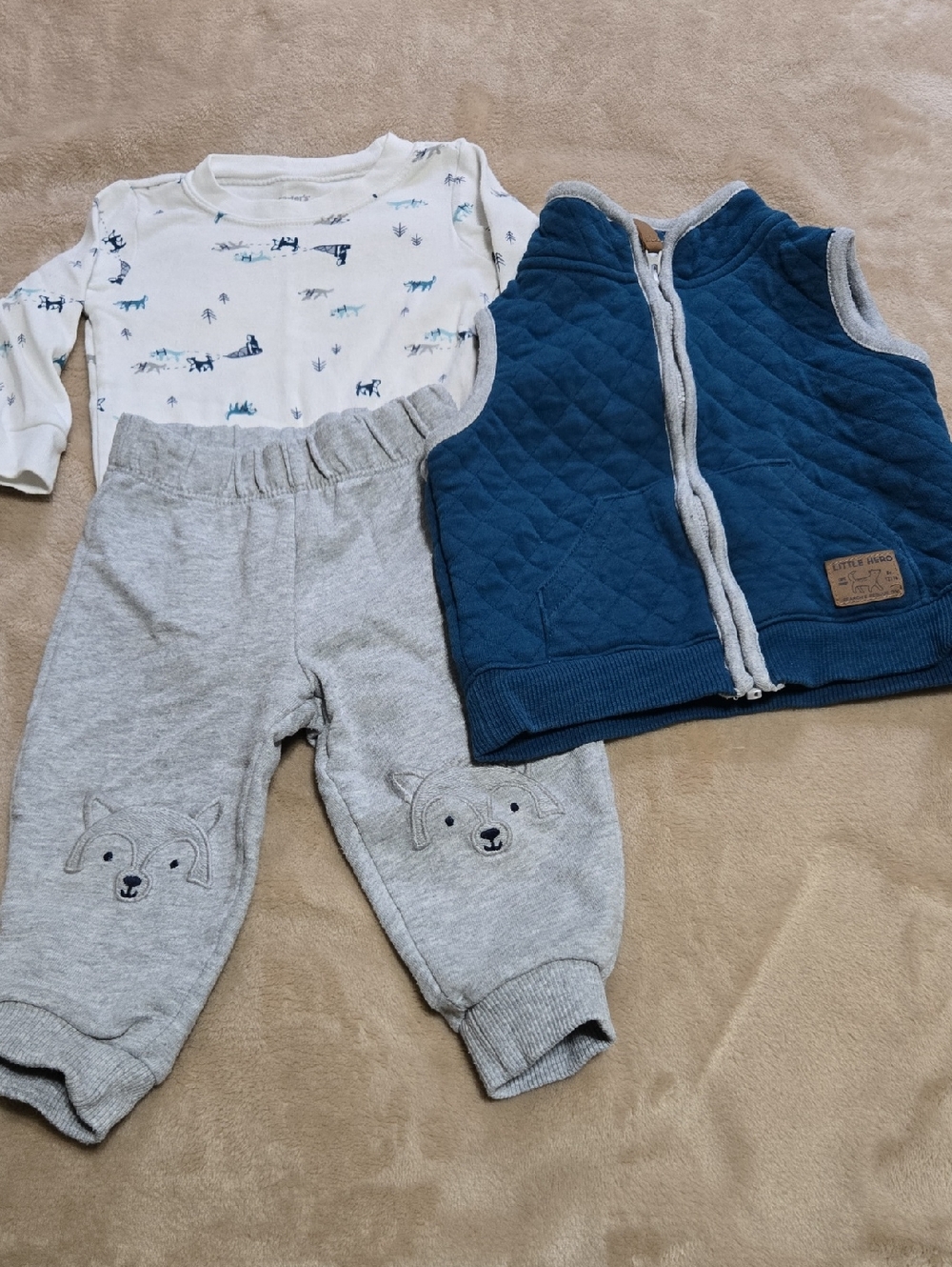 Carter's Blue Quilted Vest with White Printed Top and Gray Pants Set
